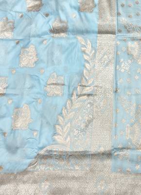 Light blue zari woven baluchari silk traditional saree with blouse piece 2