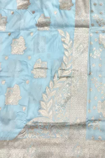 Light blue zari woven baluchari silk traditional saree with blouse piece