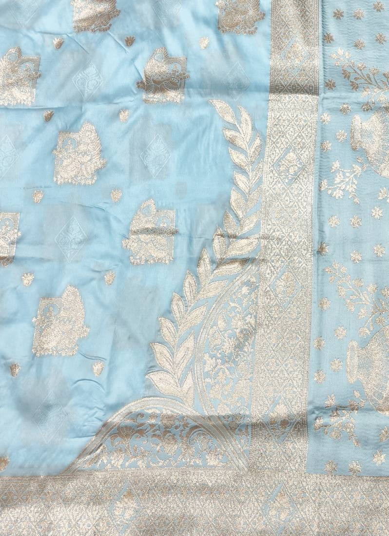 Light blue zari woven baluchari silk traditional saree with blouse piece