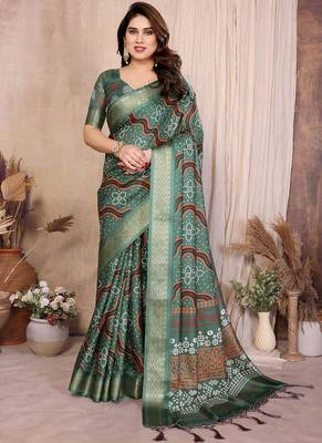 Green cotton silk bandhej print saree with blouse 1