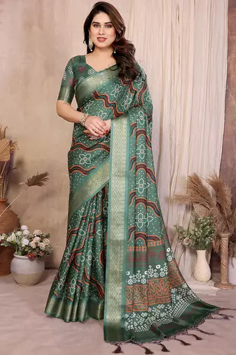 Green cotton silk bandhej print saree with blouse