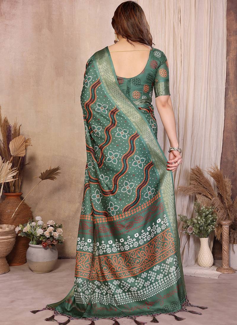 Green cotton silk bandhej print saree with blouse
