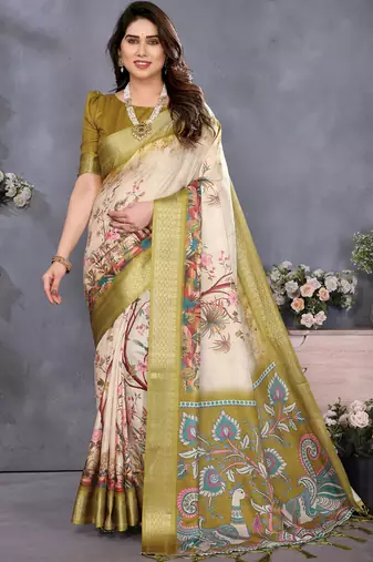Olive green cotton silk digital print saree with blouse