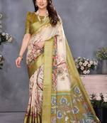 Olive green cotton silk digital print saree with blouse