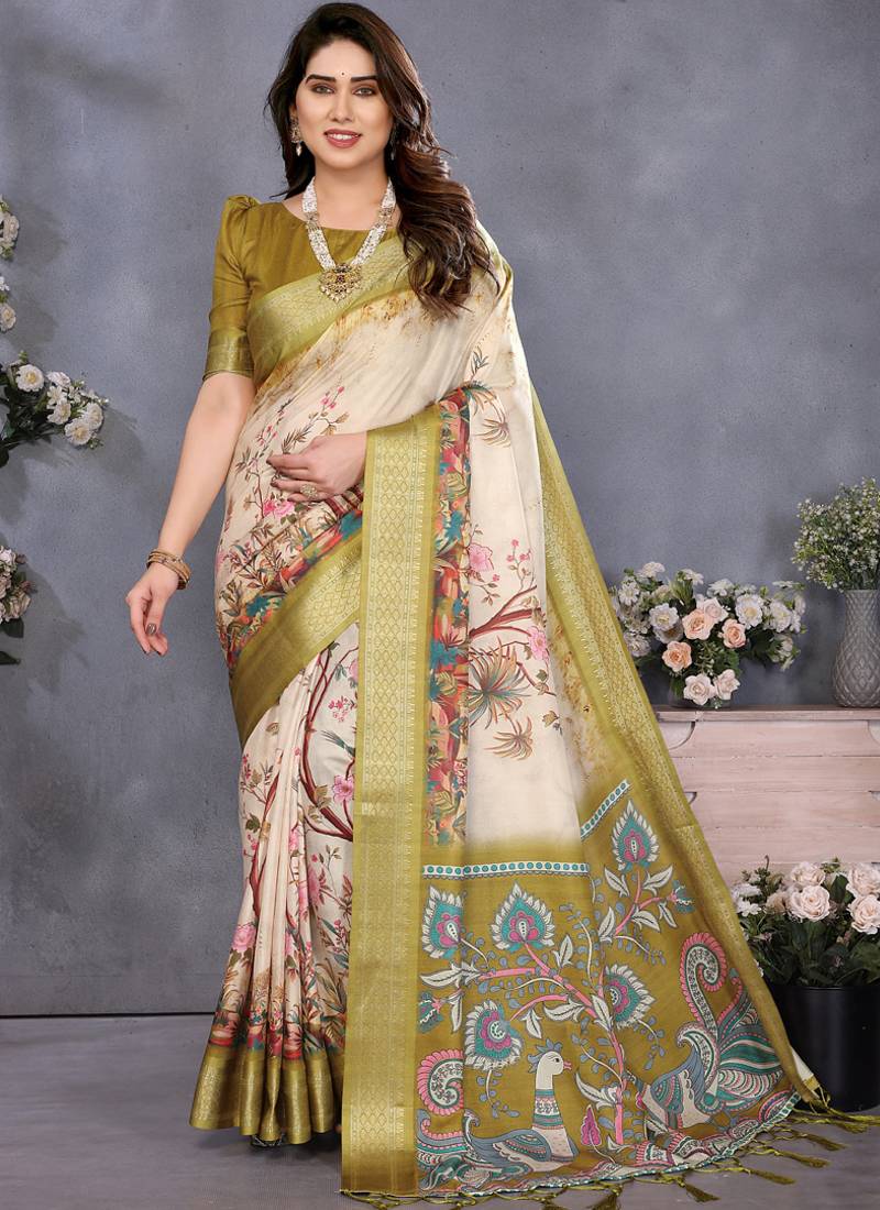 Olive green cotton silk digital print saree with blouse