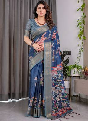 Blue pure handloom linen floral printed saree 1