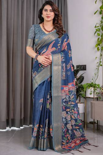 Blue pure handloom linen floral printed saree