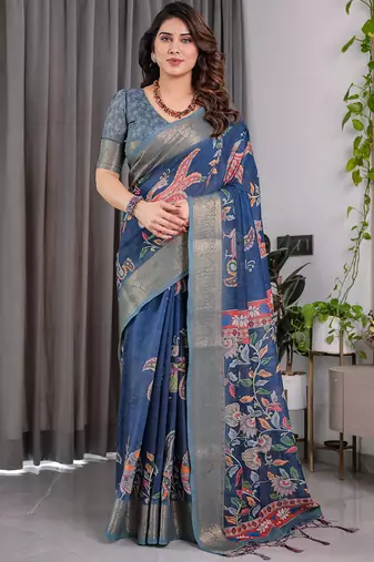 Blue pure handloom linen floral printed saree