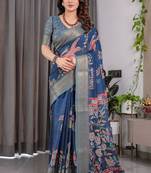 Blue pure handloom linen floral printed saree