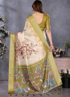 Olive green cotton silk digital print saree with blouse 2