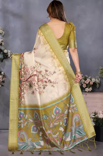 Olive green cotton silk digital print saree with blouse