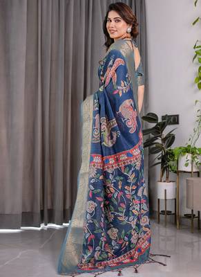 Blue pure handloom linen floral printed saree 2