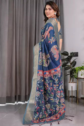 Blue pure handloom linen floral printed saree