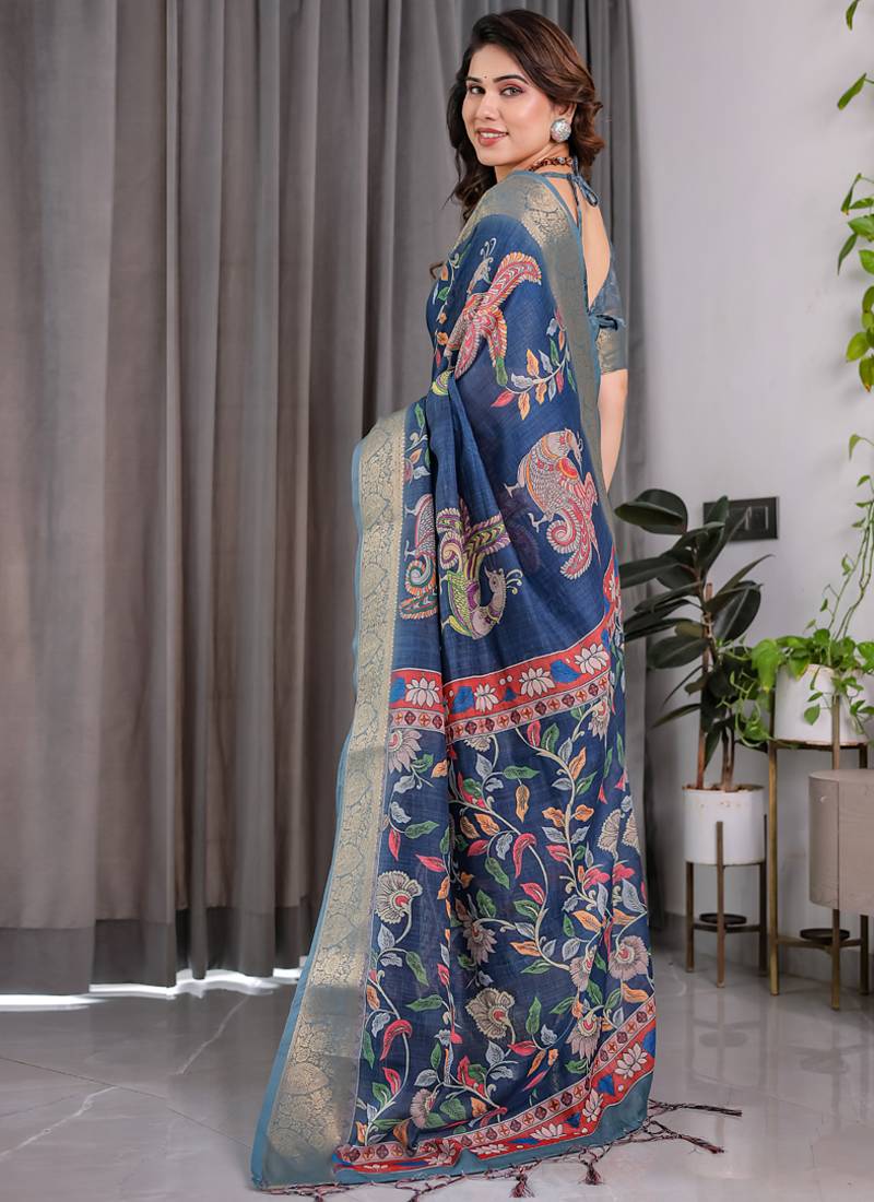 Blue pure handloom linen floral printed saree
