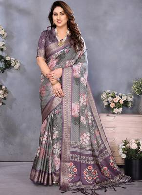 Wine cotton silk digital print saree with blouse 1