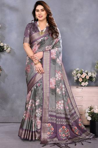 Wine cotton silk digital print saree with blouse