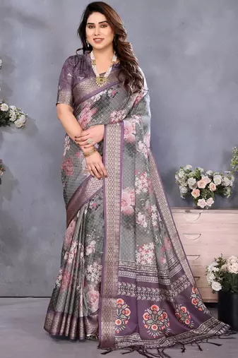 Wine cotton silk digital print saree with blouse