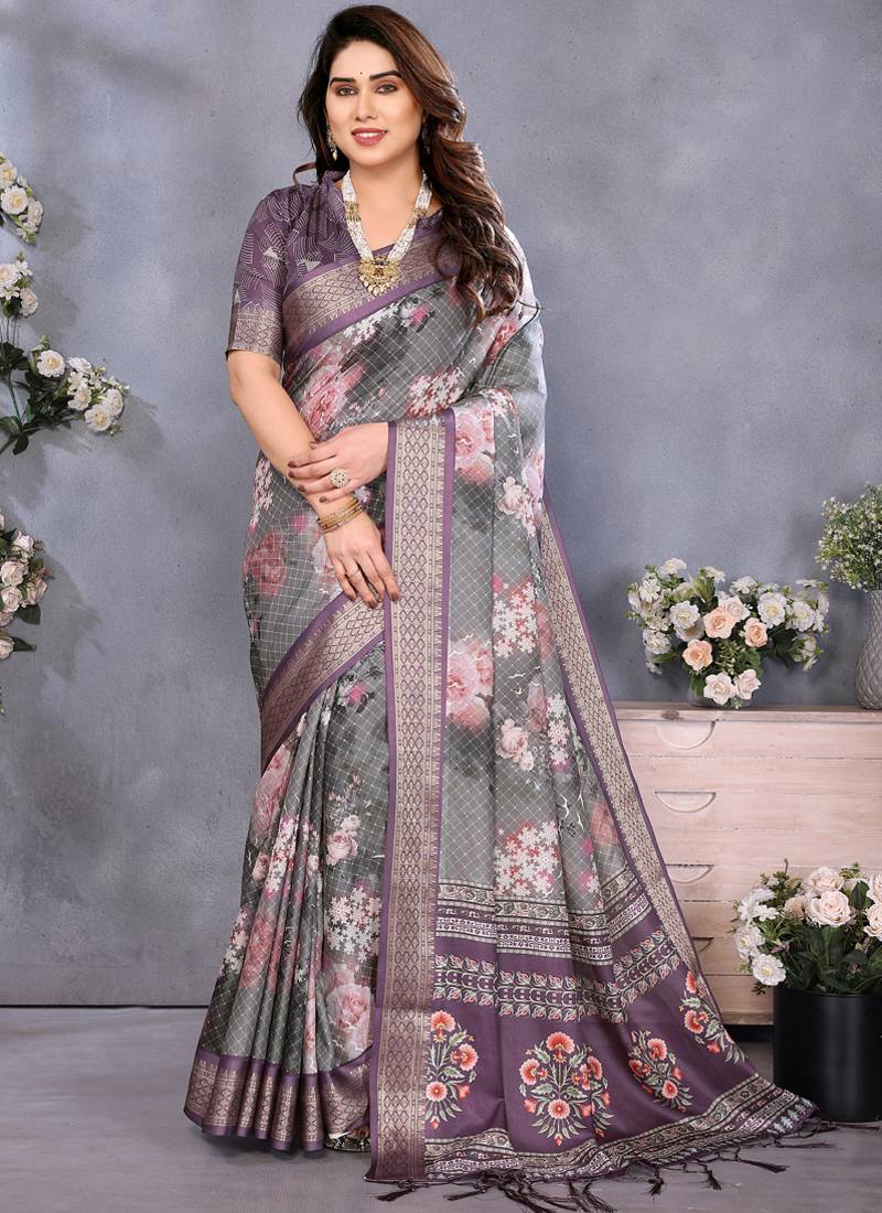 Wine cotton silk digital print saree with blouse
