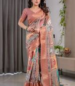 Peach pure handloom linen floral printed saree