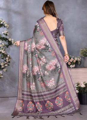 Wine cotton silk digital print saree with blouse 2