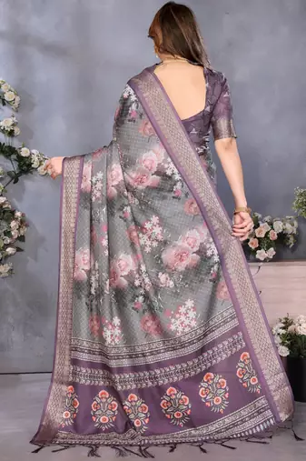 Wine cotton silk digital print saree with blouse