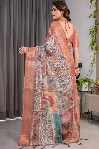Peach pure handloom linen floral printed saree