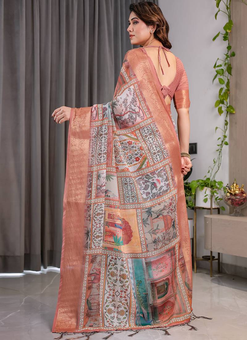 Peach pure handloom linen floral printed saree