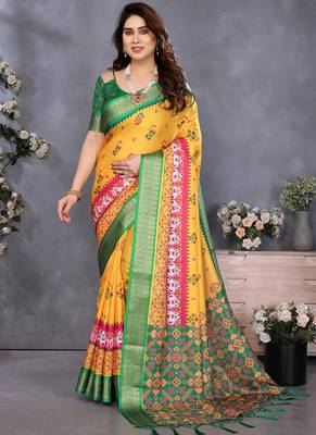 Yellow cotton silk digital print saree with blouse 1