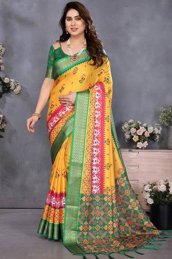 Yellow cotton silk digital print saree with blouse