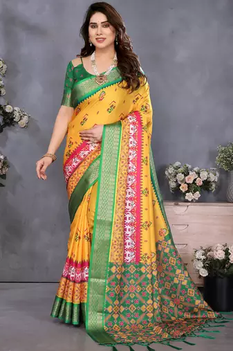 Yellow cotton silk digital print saree with blouse
