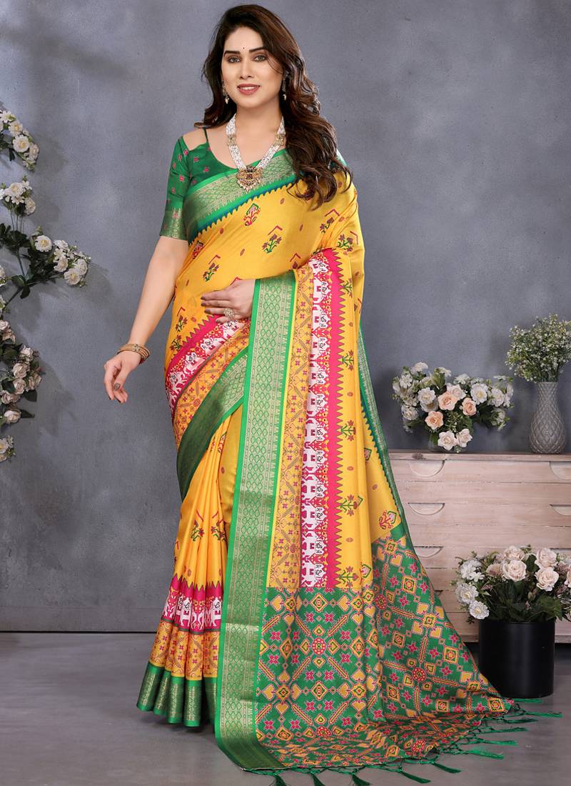 Yellow cotton silk digital print saree with blouse