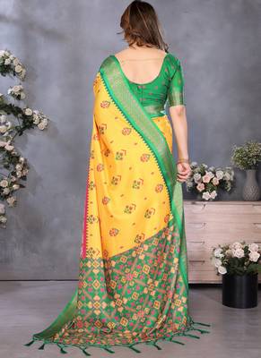 Yellow cotton silk digital print saree with blouse 2
