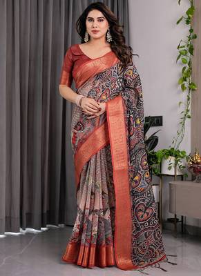 Black pure handloom linen floral printed saree 1