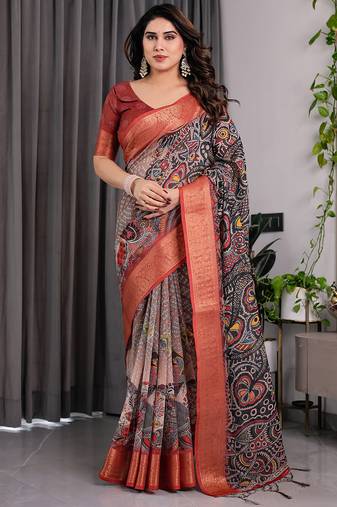 Black pure handloom linen floral printed saree