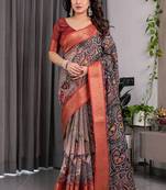 Black pure handloom linen floral printed saree