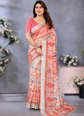 Orange handloom linen cotton digital print saree with blouse 1