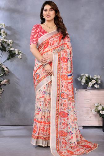 Orange handloom linen cotton digital print saree with blouse