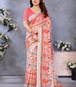 Orange handloom linen cotton digital print saree with blouse