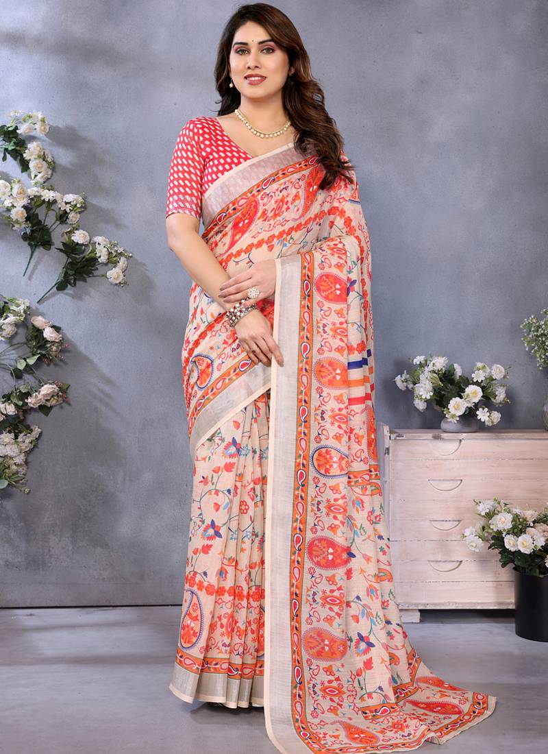 Orange handloom linen cotton digital print saree with blouse