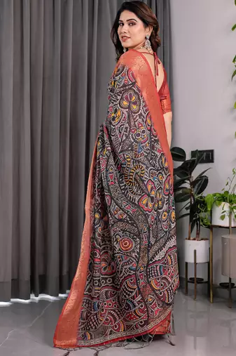 Black pure handloom linen floral printed saree