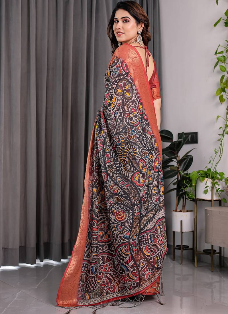 Black pure handloom linen floral printed saree