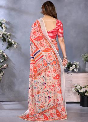 Orange handloom linen cotton digital print saree with blouse 2