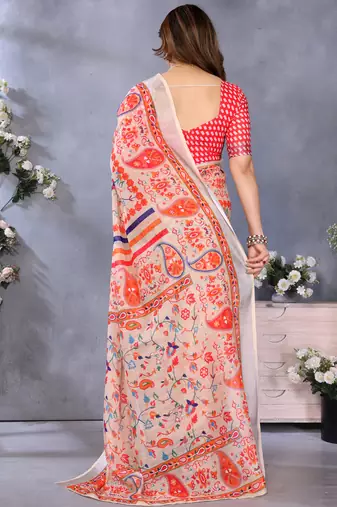 Orange handloom linen cotton digital print saree with blouse