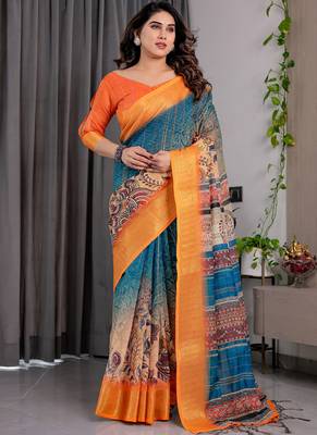Mustard pure handloom linen floral printed saree 1