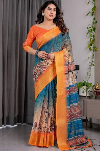 Mustard pure handloom linen floral printed saree
