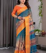 Mustard pure handloom linen floral printed saree