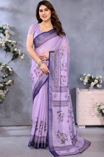 Purple handloom linen cotton digital print saree with blouse