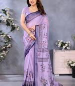 Purple handloom linen cotton digital print saree with blouse