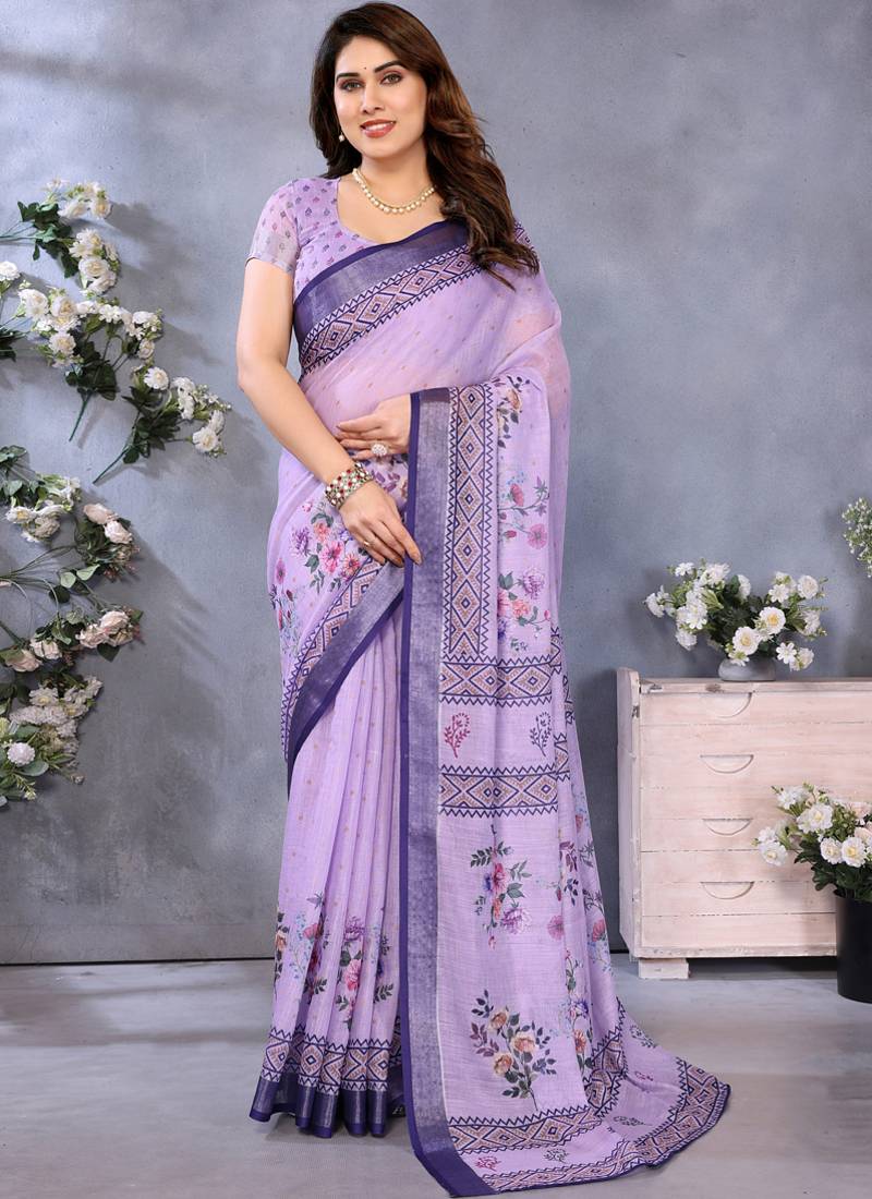 Purple handloom linen cotton digital print saree with blouse