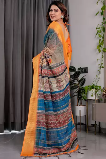 Mustard pure handloom linen floral printed saree
